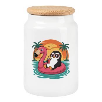 Funny Penguin Tropical Summer Flamingo Float - Cookie Jar with Wooden Lid - white - Front