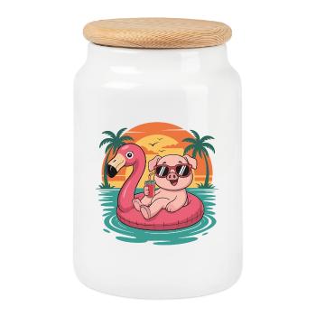 Funny Pig Tropical Summer Flamingo Float - Cookie Jar with Wooden Lid - white - Front