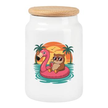 Funny Owl Tropical Summer Flamingo Float - Cookie Jar with Wooden Lid - white - Front