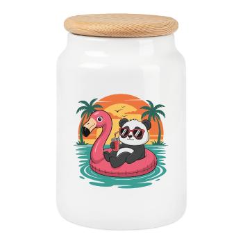 Funny Panda Tropical Summer Flamingo Float - Cookie Jar with Wooden Lid - white - Front