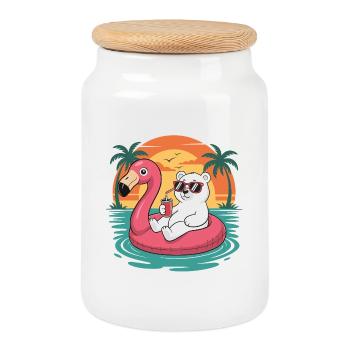 Funny Polar Bear Tropical Summer Flamingo Float - Cookie Jar with Wooden Lid - white - Front