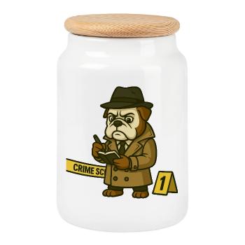 Detective Bulldog at Crime Scene Notes - Cookie Jar with Wooden Lid - white - Front