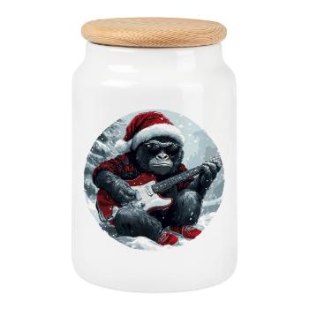 Gorilla Christmas Guitar - Cookie Jar with Wooden Lid - white - Front