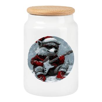Wolf Christmas Guitar - Cookie Jar with Wooden Lid - white - Front