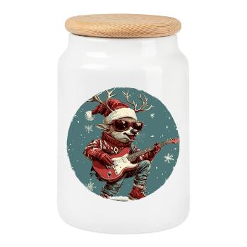 Deer Christmas Guitar - Cookie Jar with Wooden Lid - white - Front