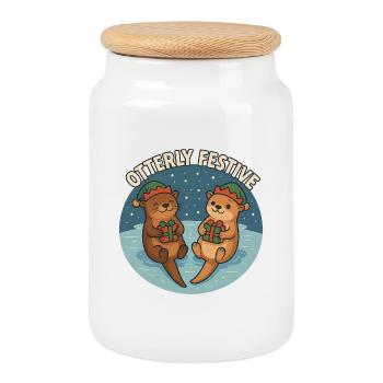 Loutres festives Otterly avec des cadeaux - Boîte à biscuits avec couvercle en bois - blanc - Devant