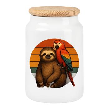 Sloth Parrot Retro Animal Friends - Cookie Jar with Wooden Lid - white - Front