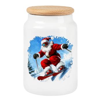 Skieurs de Noël - Boîte à biscuits avec couvercle en bois - blanc - Devant