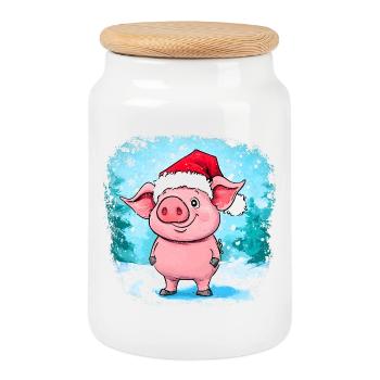 Noël cochon - Boîte à biscuits avec couvercle en bois - blanc - Devant