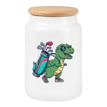 Witziger Dinosaurier-Golfer Cartoon Cooles Golftier - Keksdose mit Holzdeckel - Weiß - Vorne