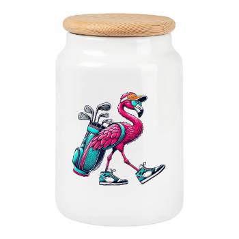Dessin animé Flamant rose Golfeur Animal de golf cool - Boîte à biscuits avec couvercle en bois - blanc - Devant
