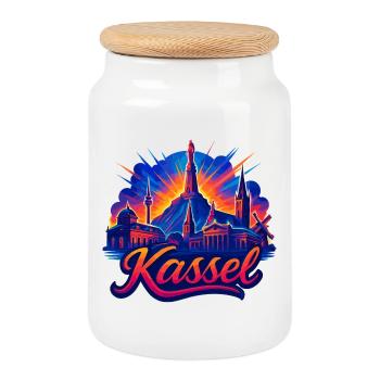 Kassel Stadt Silhouette strahlend Cassel Geschenk - Keksdose mit Holzdeckel - Weiß - Vorne
