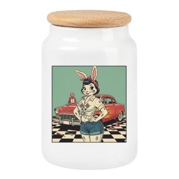 Häsin Racer Pinup Retro Auto - Keksdose mit Holzdeckel - Weiß - Vorne