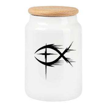 Fish+Cross Symbol Modern - Cookie Jar with Wooden Lid - white - Front