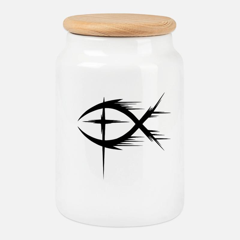Fisch+Kreuz Symbol Modern - Keksdose mit Holzdeckel - Weiß