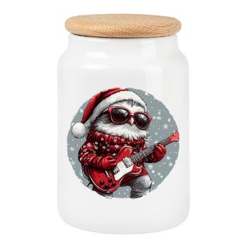 Owl Christmas Guitar - Cookie Jar with Wooden Lid - white - Front