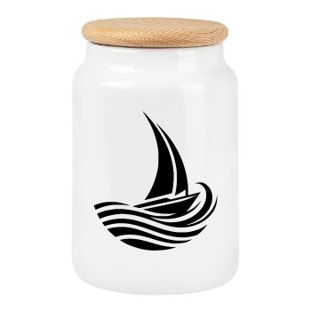 Minimalistisch maritim Segelboot trifft Welle - Keksdose mit Holzdeckel - Weiß - Vorne