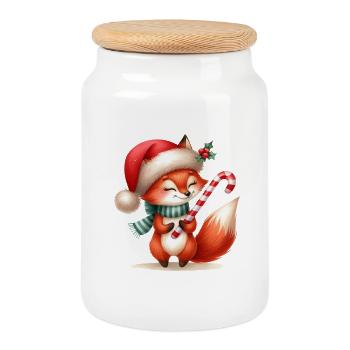 Festlicher Fuchs mit Zuckerstange - Keksdose mit Holzdeckel - Weiß - Vorne