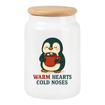 Pingouin câlin avec tasse chaude - Boîte à biscuits avec couvercle en bois - blanc - Devant