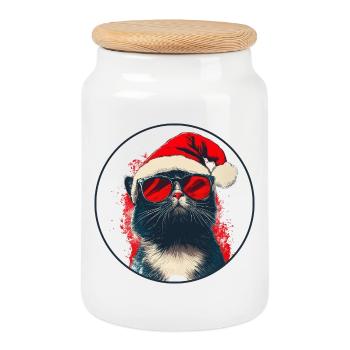 Chat cool avec lunettes de soleil Chapeau de Père Noël - Boîte à biscuits avec couvercle en bois - blanc - Devant