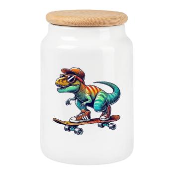 Funny Dinosaur Skating on Skateboard Cartoon Skate - Cookie Jar with Wooden Lid - white - Front