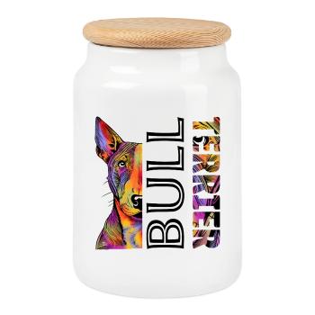 Farbenfroher Bull Terrier - Keksdose mit Holzdeckel - Weiß - Vorne