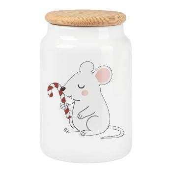 Cute Mouse with Candy Cane – Cute Cartoon - Cookie Jar with Wooden Lid - white - Front