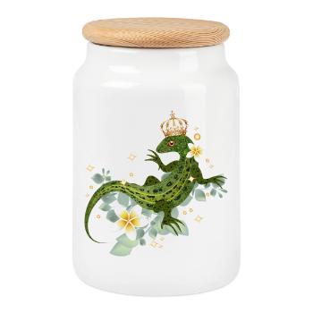 Lézard couronné avec des fleurs et des accents brillants - Boîte à biscuits avec couvercle en bois - blanc - Devant