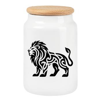 Lion with wild mane tattoo style - Cookie Jar with Wooden Lid - white - Front
