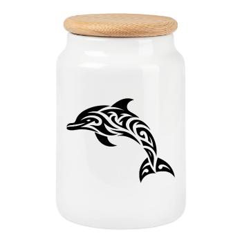 Springender Tribal Tattoo Tümmler Delfin - Keksdose mit Holzdeckel - Weiß - Vorne