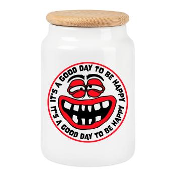 Good Day Be Happy Positive Motivation Happiness Saying - Cookie Jar with Wooden Lid - white - Front