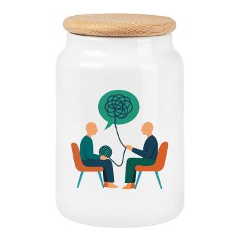 Illustration de psychothérapie – Thérapeute / Conseiller - Boîte à biscuits avec couvercle en bois - blanc - Devant