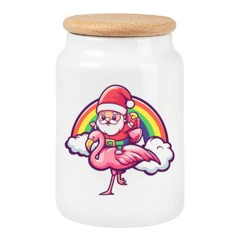Noël Père Noël flamant rose - Boîte à biscuits avec couvercle en bois - blanc - Devant