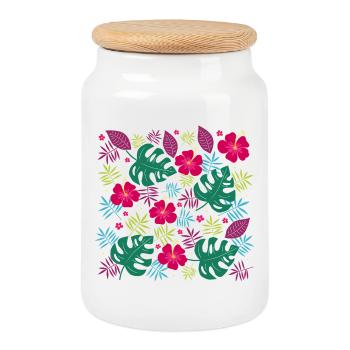 Tropical flowers with hibiscus flowers Monstera - Cookie Jar with Wooden Lid - white - Front