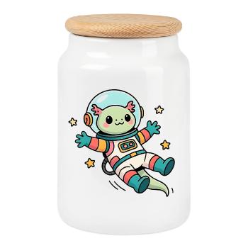 Axolotl-Astronaut Kawaii - Keksdose mit Holzdeckel - Weiß - Vorne