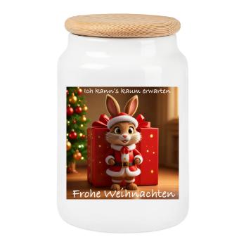 Weihnachtshase im Santa-Outfit - Keksdose mit Holzdeckel - Weiß - Vorne
