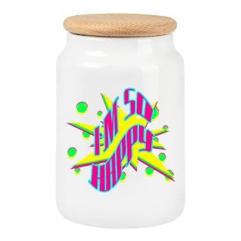 Im So Happy Neon Pop Grafik - Keksdose mit Holzdeckel - Weiß - Vorne