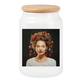 Christmas Hair Crown Portrait Young Woman - Cookie Jar with Wooden Lid - white - Front
