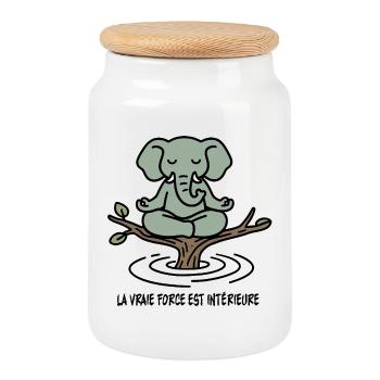Zen-Elefant auf Ast - Keksdose mit Holzdeckel - Weiß - Vorne