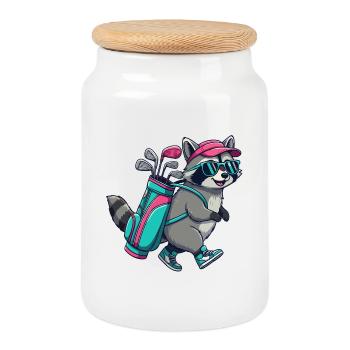 Lustiger Waschbär-Golfer Cartoon Cooles Golftier - Keksdose mit Holzdeckel - Weiß - Vorne