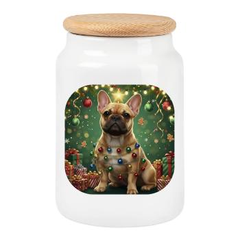 Festive French Bulldog Light Garland - Cookie Jar with Wooden Lid - white - Front