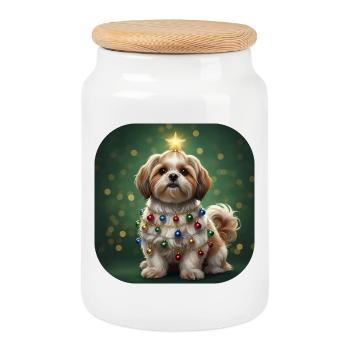 Puppy in Christmas Garland - Cookie Jar with Wooden Lid - white - Front