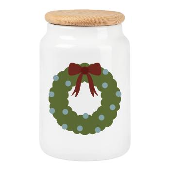 Couronne verte avec nœud rouge - Boîte à biscuits avec couvercle en bois - blanc - Devant