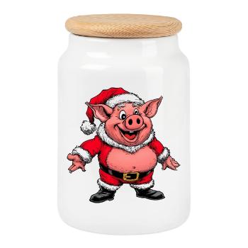Cochon Père Noël - Boîte à biscuits avec couvercle en bois - blanc - Devant