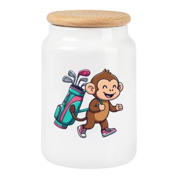 Dessin animé Singe Golfeur Cool Animal de golf - Boîte à biscuits avec couvercle en bois - blanc - Devant
