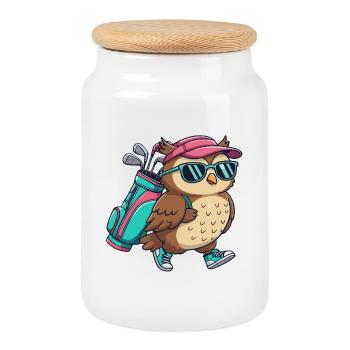 Funny Owl Golfer Cartoon Cool Golf Animal - Cookie Jar with Wooden Lid - white - Front