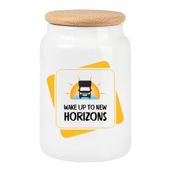 Wake Up To New Horizons – RV & Camping - Cookie Jar with Wooden Lid - white - Front