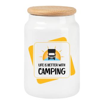 Life Is Better with Camping – Design - Keksdose mit Holzdeckel - Weiß - Vorne