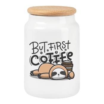 But First Coffee Schlafender Sloth - Keksdose mit Holzdeckel - Weiß - Vorne