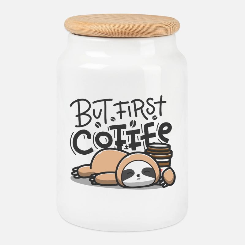 But First Coffee Schlafender Sloth - Keksdose mit Holzdeckel - Weiß